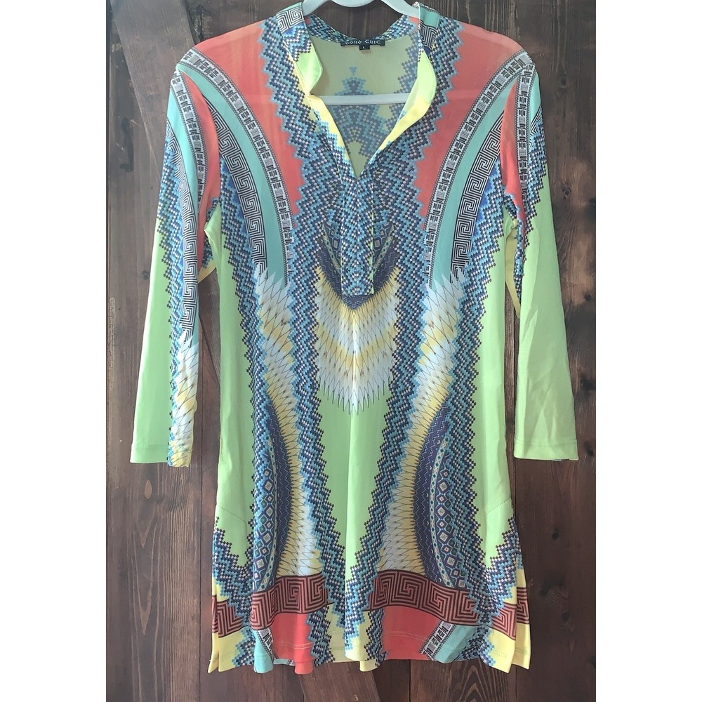 Boho Chic Midi Dress‎ L  V Neck Grooving Preppy Vibrant Colors Long Sleeve EUC
